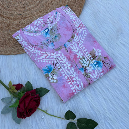Rasha Pure Mulmul Chikankari Kurti - Pink Color