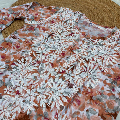 Yasmin Pure Mulmul Chikankari Handwork Kurti - Orange Colour