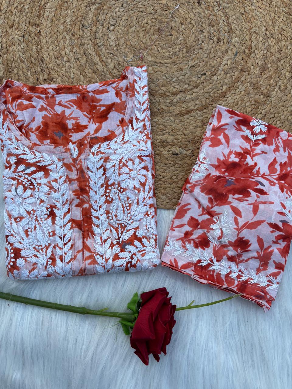 Hadaya Mulmul Cotton Chikankari Kurti Set - Orange Colour