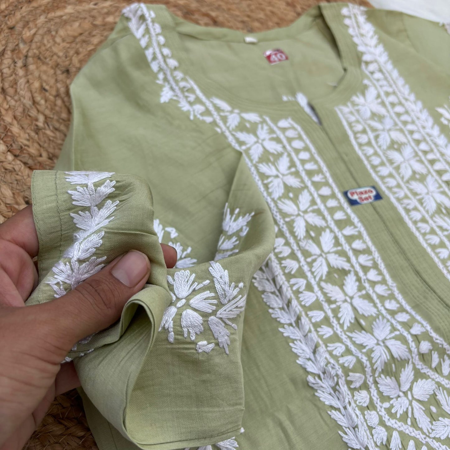 Afana Silk Chikankari Kurti Plazo set Pista Colour
