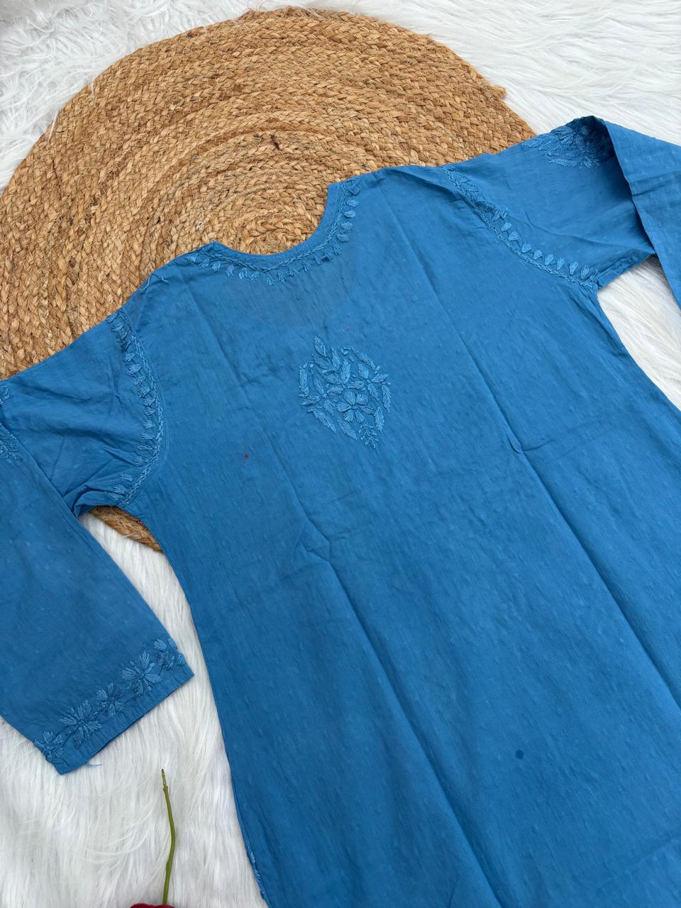 Ziva Soft Dobby Cotton Lucknowi Handwork Chikankari Short Kurti - Blue Colour