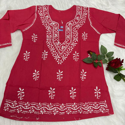 Ziya Pure Cotton Chikankari Short Top -Gazri Colour