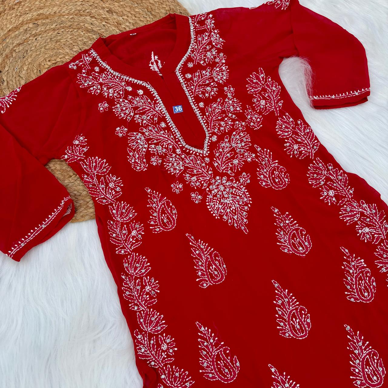 Stone Work Georgette Chikankari Kurti - Red Colour