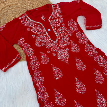 Stone Work Georgette Chikankari Kurti - Red Colour - Chikankaar