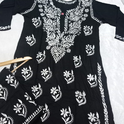 PURE RAYON KURTI PLAZO CHIKANKARI HANDWORK SET - BLACK COLOUR