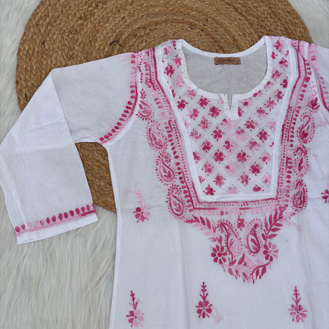 Zoya Cotton Lucknowi Chikankari Kurti - White Pink Color