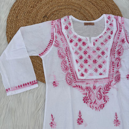 Zoya Cotton Lucknowi Chikankari Kurti - White Pink Color