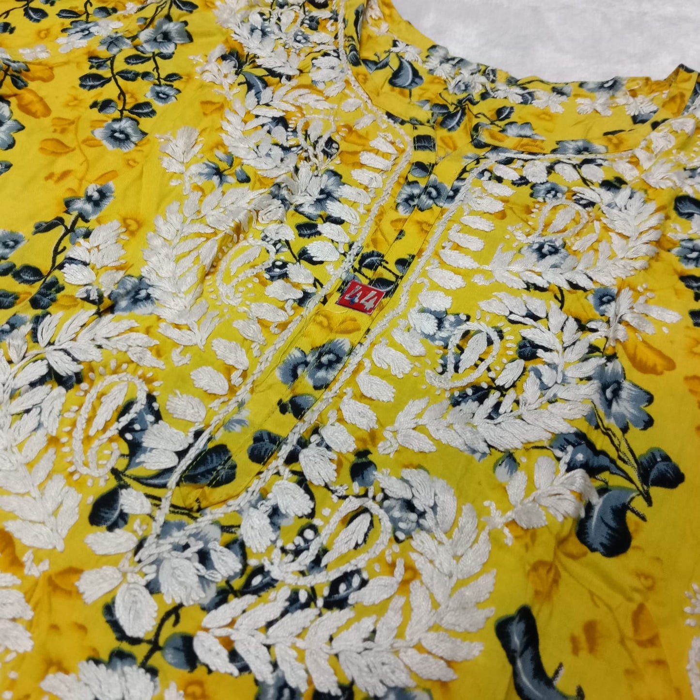 SOFT MODAL FLORAL PRINTED CHIKANKARI HANDWORK KURTI - YELLOW COLOUR