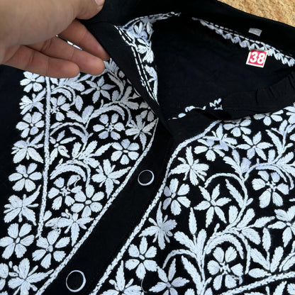 Rihana Rayon Chikankari Short Kurti Plazo Coord Set - Black colour - Chikankaar