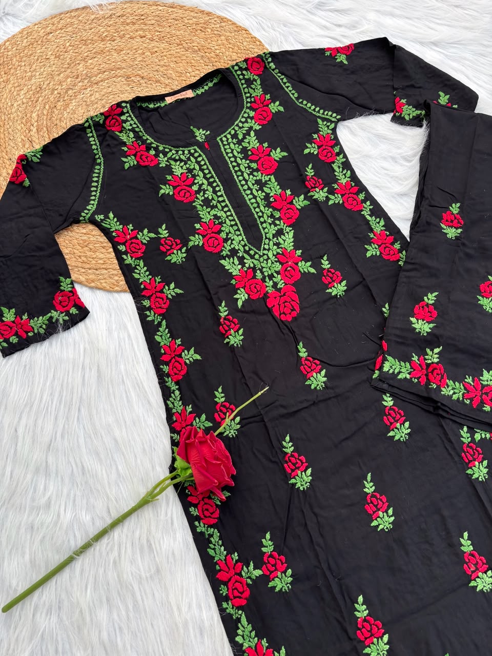 Rayon Handwork Chikankari Kurti Set - Red Colour