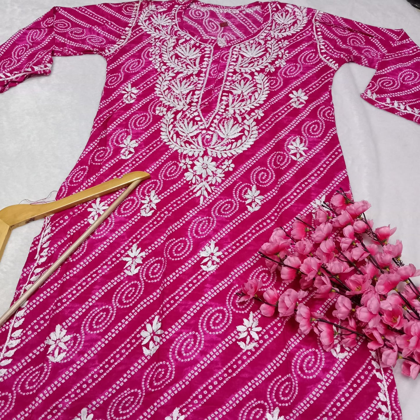 Falak Bandhani Print Rayon Chikankari Kurti -Pink Colour