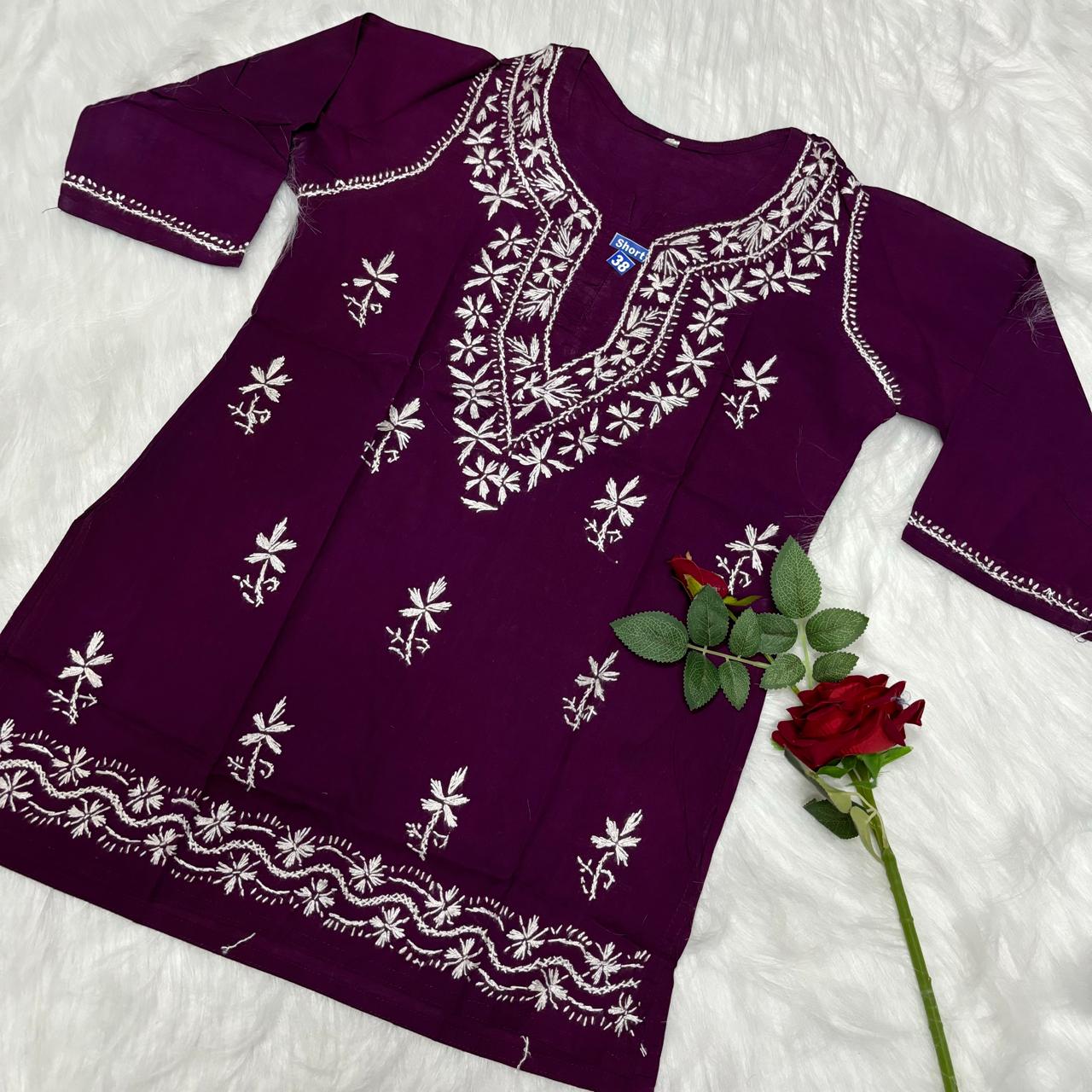 Ziya Pure Cotton Chikankari Short Top- Wine Colour