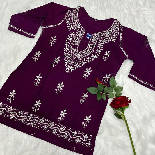 Ziya Pure Cotton Chikankari Short Top- Wine Colour