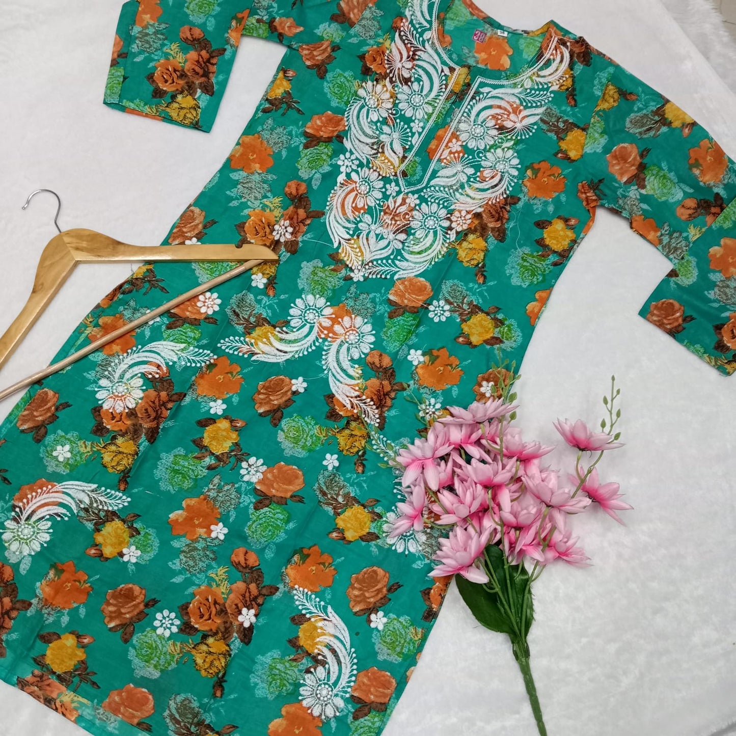 Mulmul Cotton Floral Print Chikankari Machine Work Kurti -Sea Green Colour