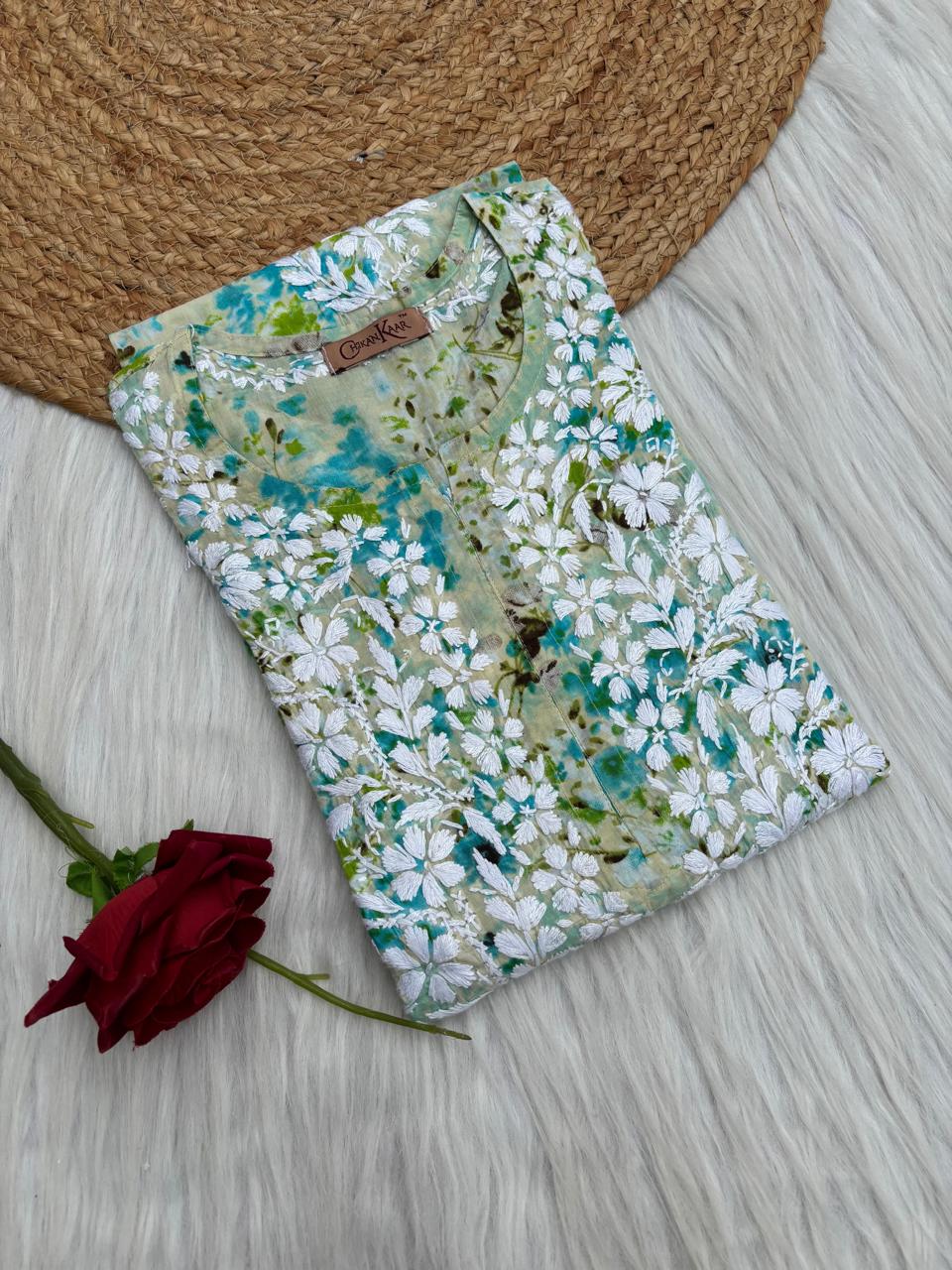Fatima Pure Mulmul Chikankari  Handwork Kurti - Sea Green Colour