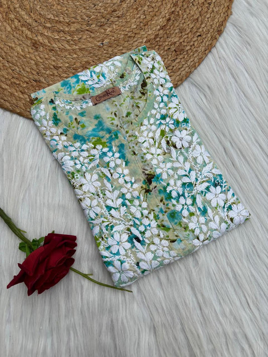 Fatima Pure Mulmul Chikankari  Handwork Kurti - Sea Green Colour
