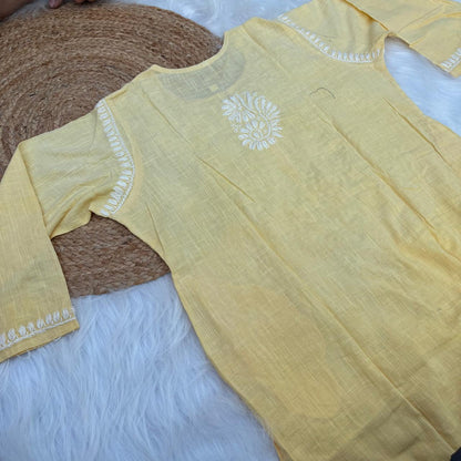 Isha Slub Cotton Chikankari Kurti - Yellow colour