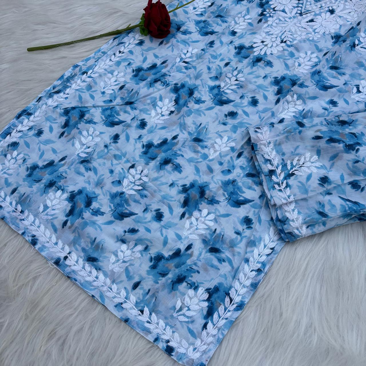 Aaliyah Mulmul Cotton Chikankari Kurti Set -Blue Colour