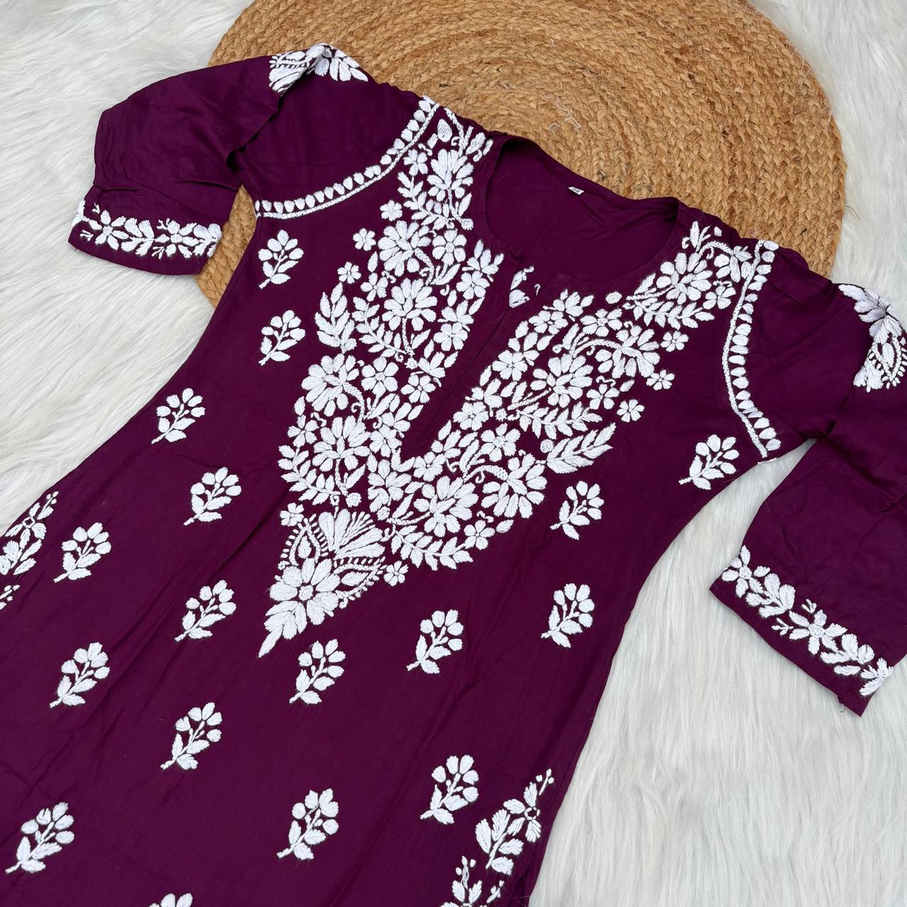 Maysa Soft Rayon Chikankari Kurti - Wine Colour