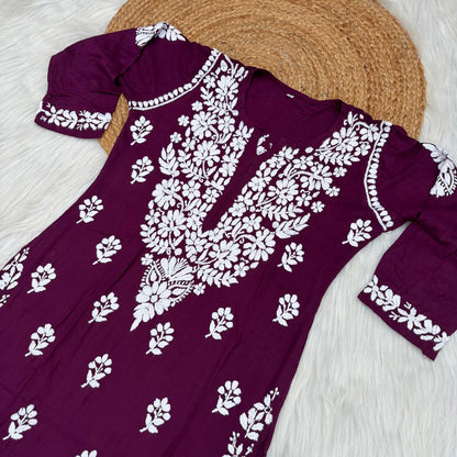 Maysa Soft Rayon Handwork Chikankari Kurti - Wine Colour