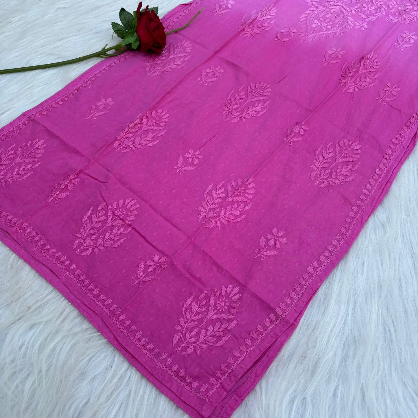 Tuba Ombre Shaded Dobby Cotton Chikankari Kurti - Pink Colour