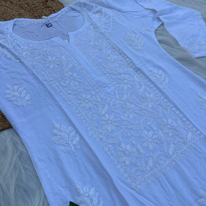 Soft Rayon Chikankari Kurti - White Colour