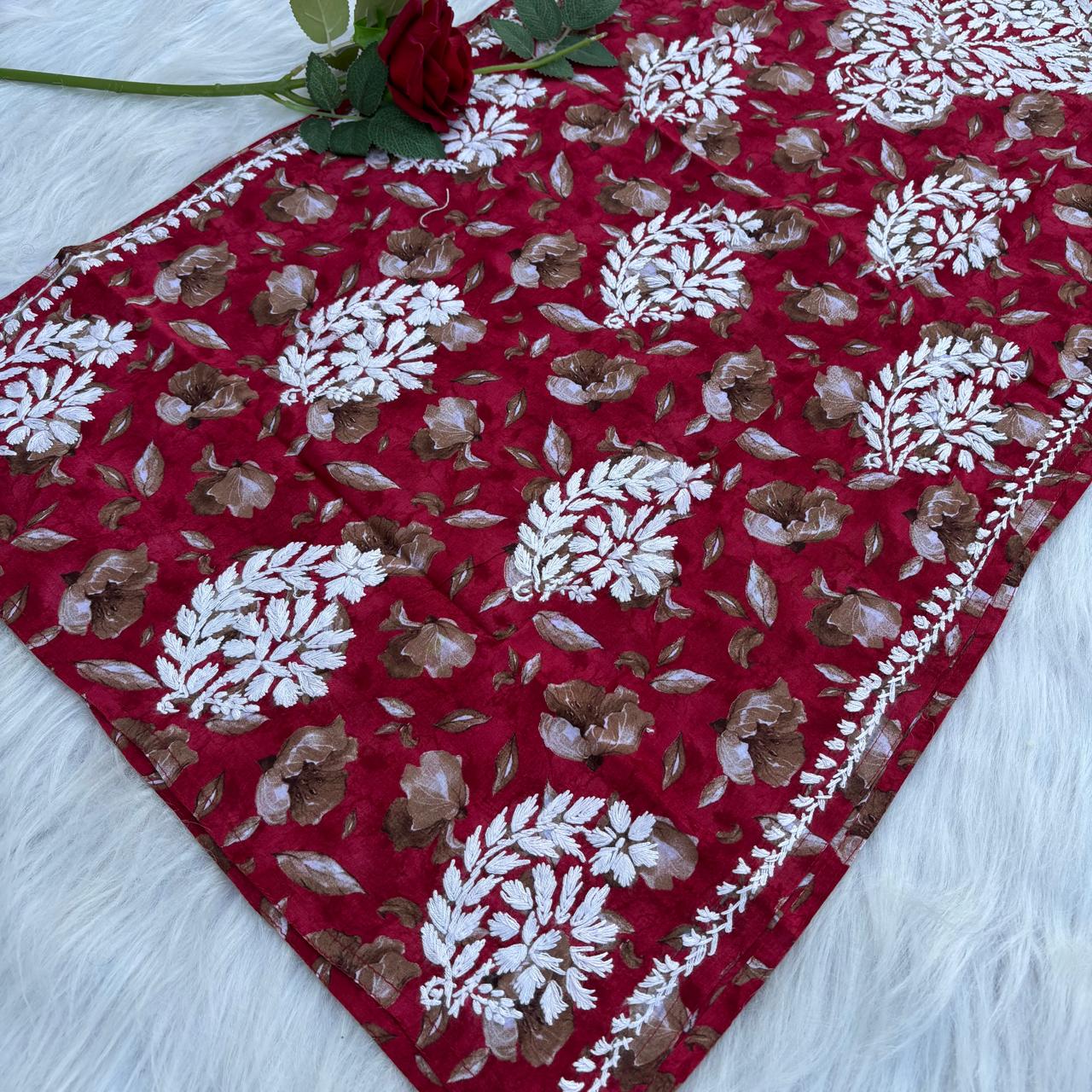 Sana Pure Mulmul Chikankari  Handwork Kurti - Red Colour