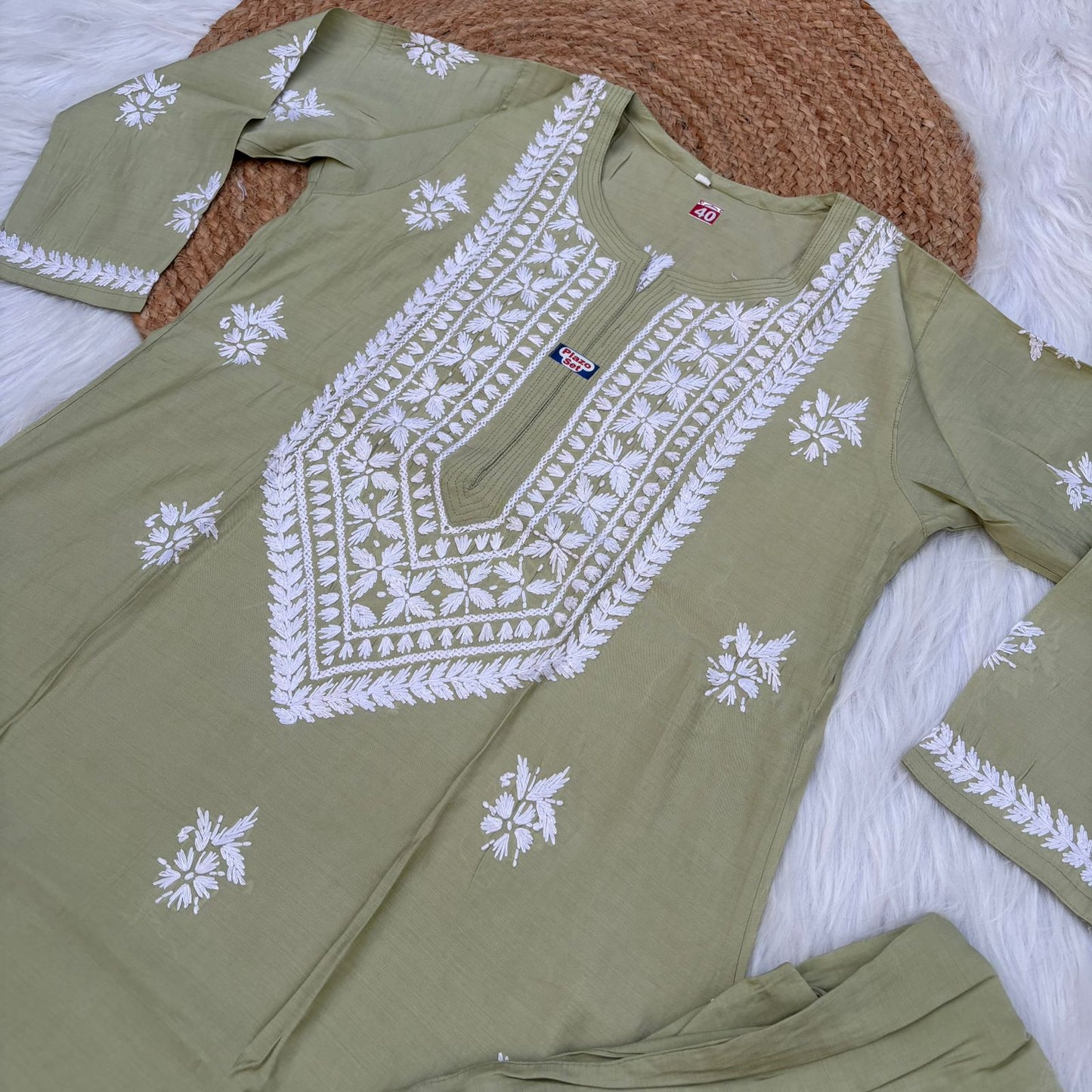 Afana Silk Chikankari Kurti Plazo set Pista Colour