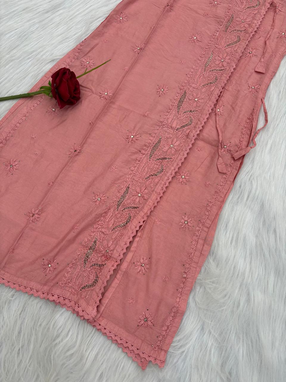Naaz Chanderi Angrakha style Chikankari Kurti with Mukaish work - Dusty Peach Colour