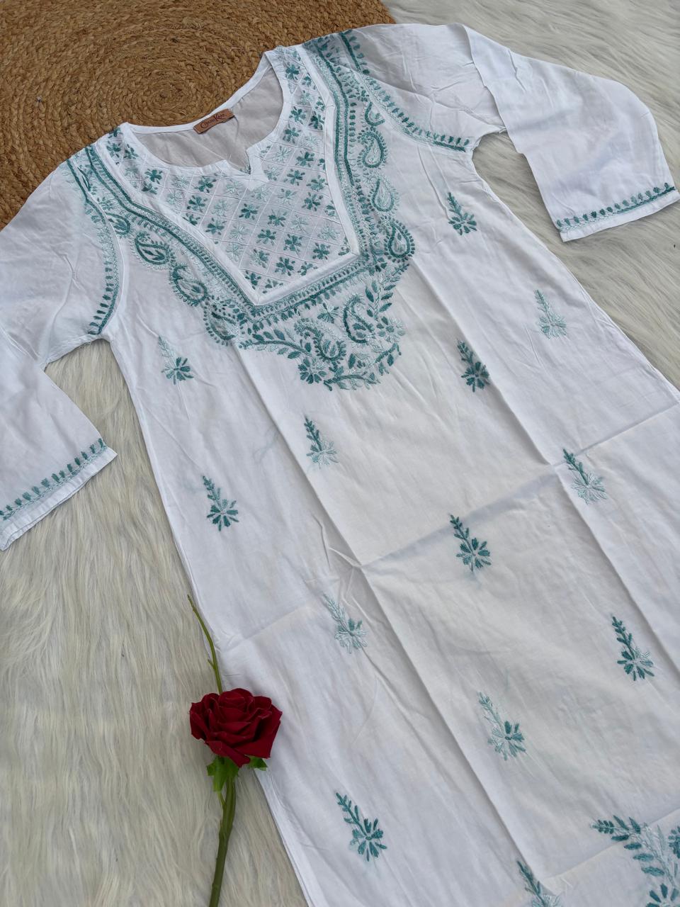 Zoya Cotton Lucknowi Handwork Chikankari Kurti - White Teal green Colour