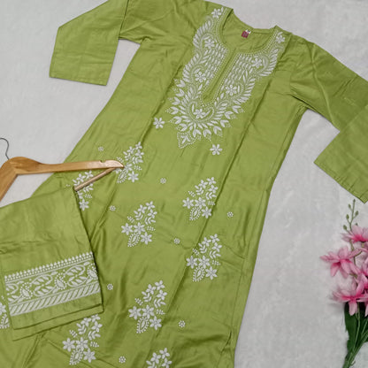 Rayon Chikankari Machine Work  Kurti Plazo Set- Parrot Green Colour