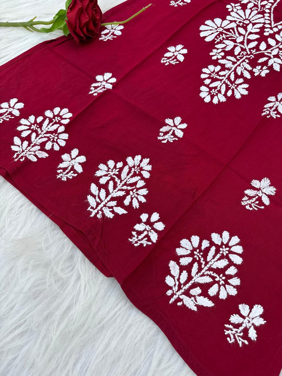 Ina Soft Rayon Handwork Chikankari Short Kurti - Maroon Colour