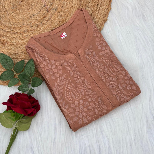 Tamanna Ombre Shaded Dobby Cotton Chikankari Kurti - Brown Colour