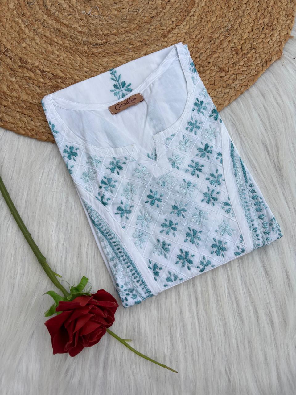 Zoya Cotton Lucknowi Handwork Chikankari Kurti - White Teal green Colour