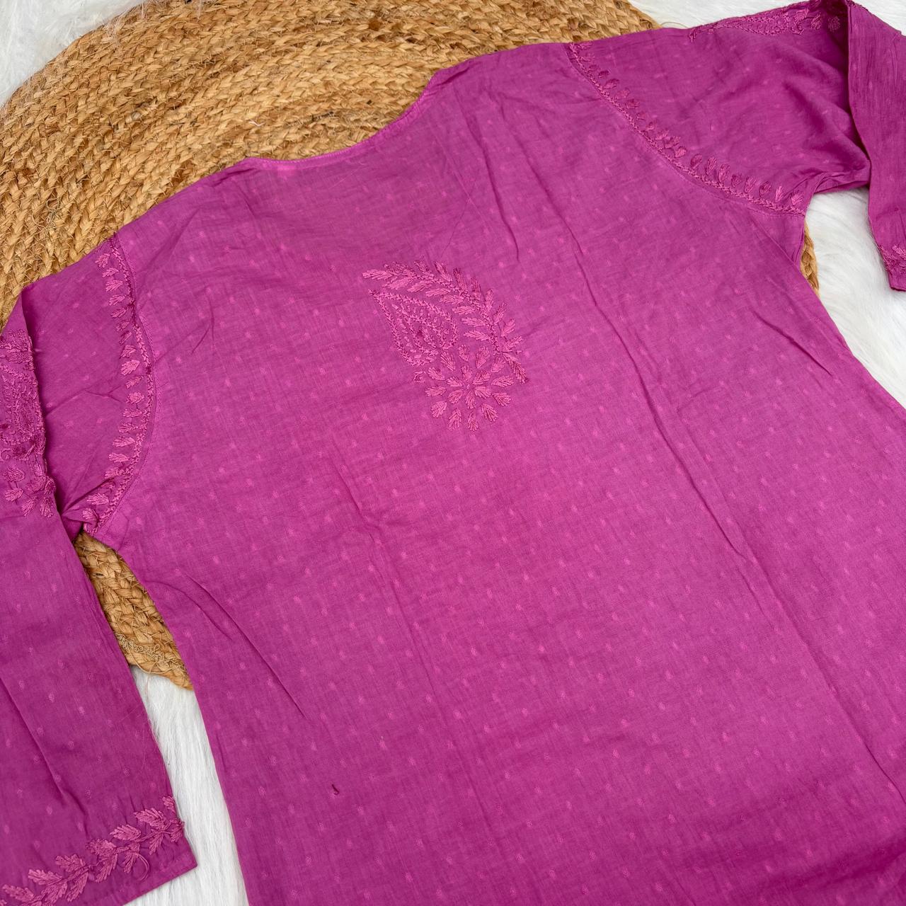 Nuha Dobby cotton Ombre shaded Lucknowi Chikankari Kurti Plazo Set - Wine Colour