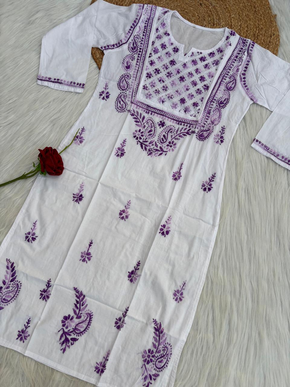 Zoya Cotton Lucknowi Handwork Chikankari Kurti - White Purple Colour