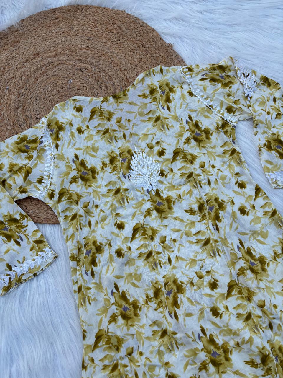 Hadaya Mulmul Cotton Chikankari Kurti Set - Green Colour