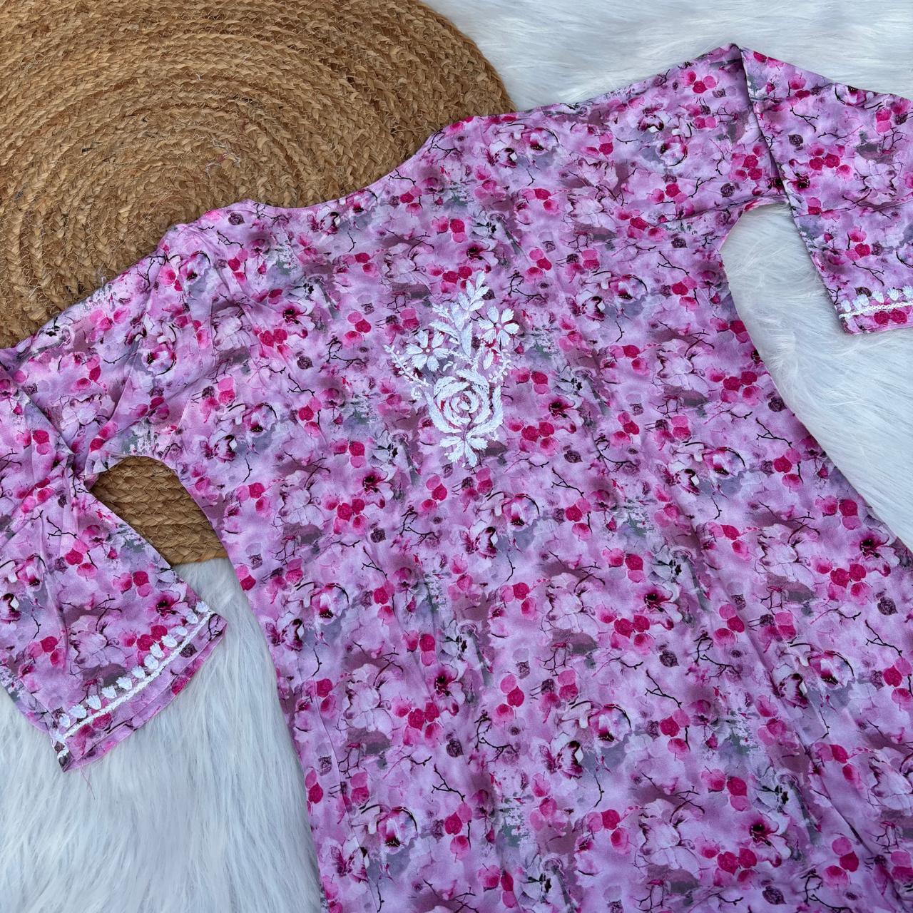 Hina Rayon Rose work Lucknowi Chikankari kurti -Pink Colour