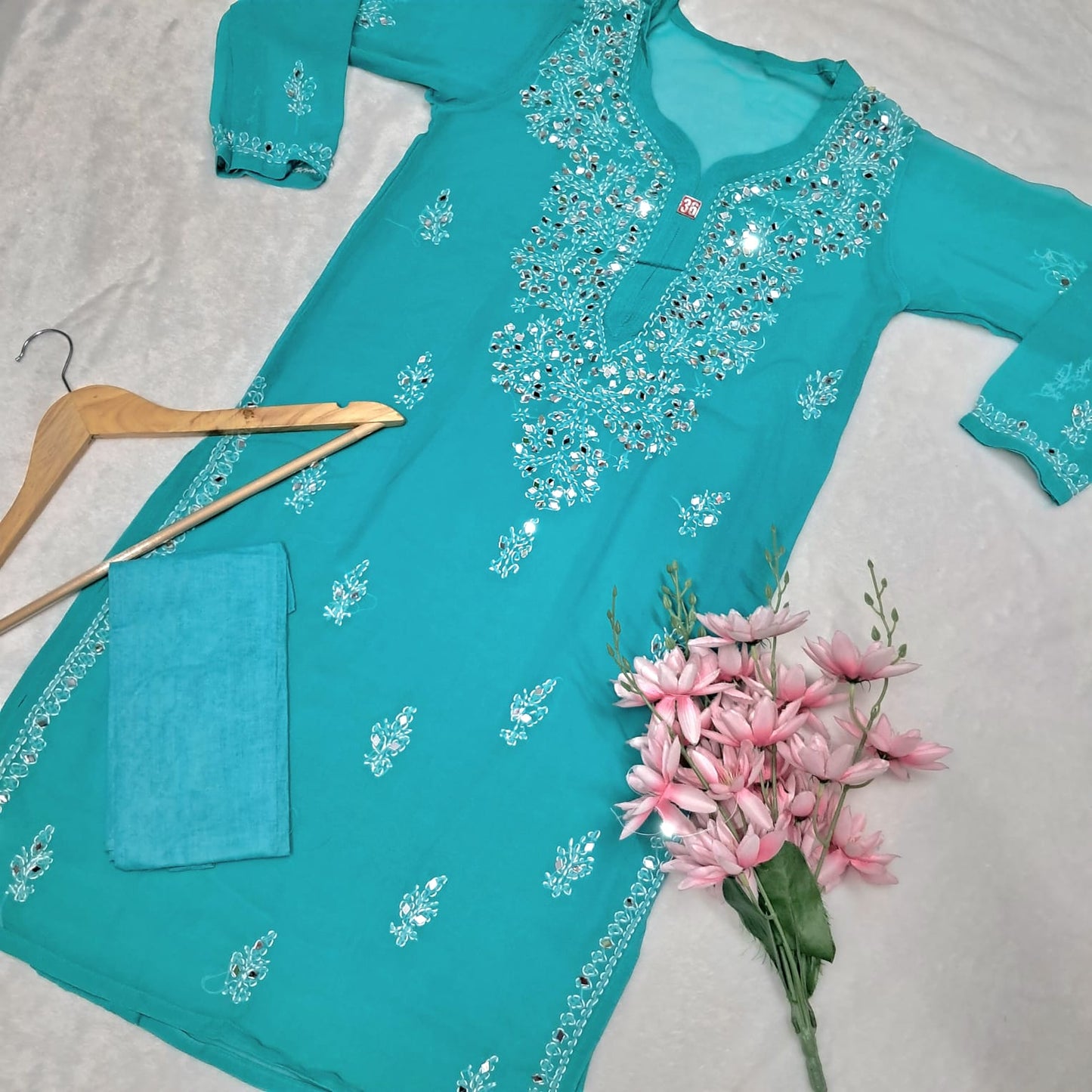 Georgette Mirror Work Chikankari Kurti With Inner - Sea Green Colour