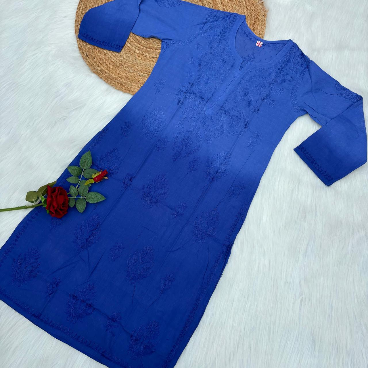 Tuba Ombre Shaded Dobby Cotton Chikankari Kurti - Royal Blue Colour