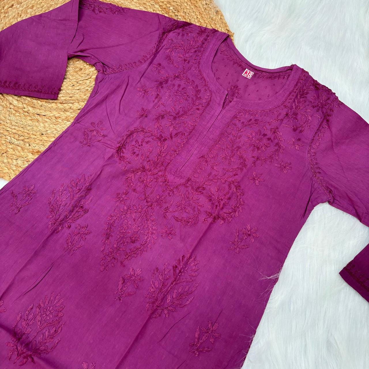 Tuba Ombre Shaded Dobby Cotton Chikankari Kurti - Wine Colour