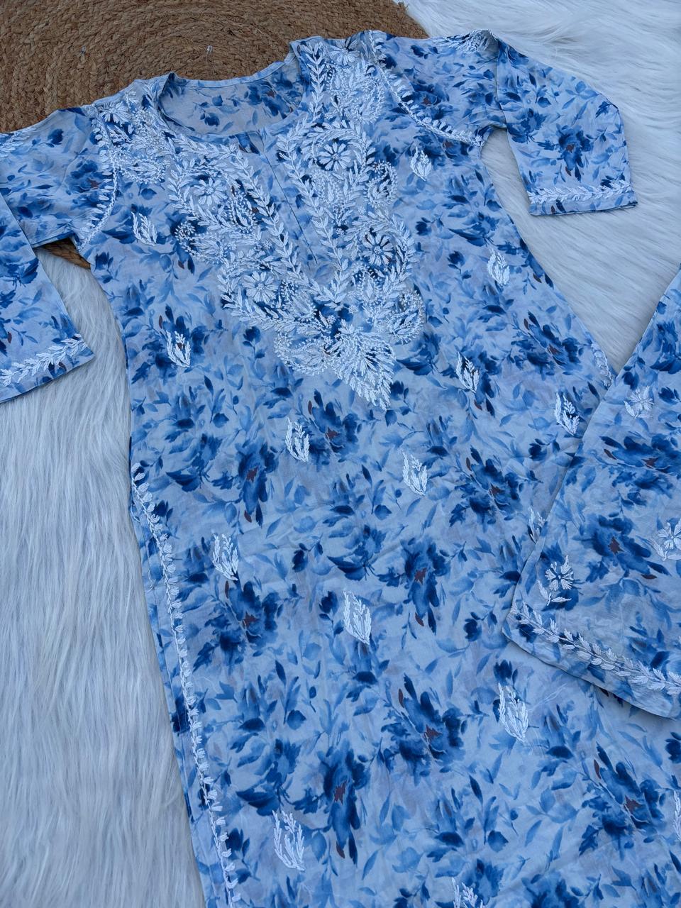 Hadaya Mulmul Cotton Chikankari Kurti Set - Blue Colour