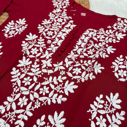 Ameena Soft Rayon Chikankari Kurti - Maroon Colour