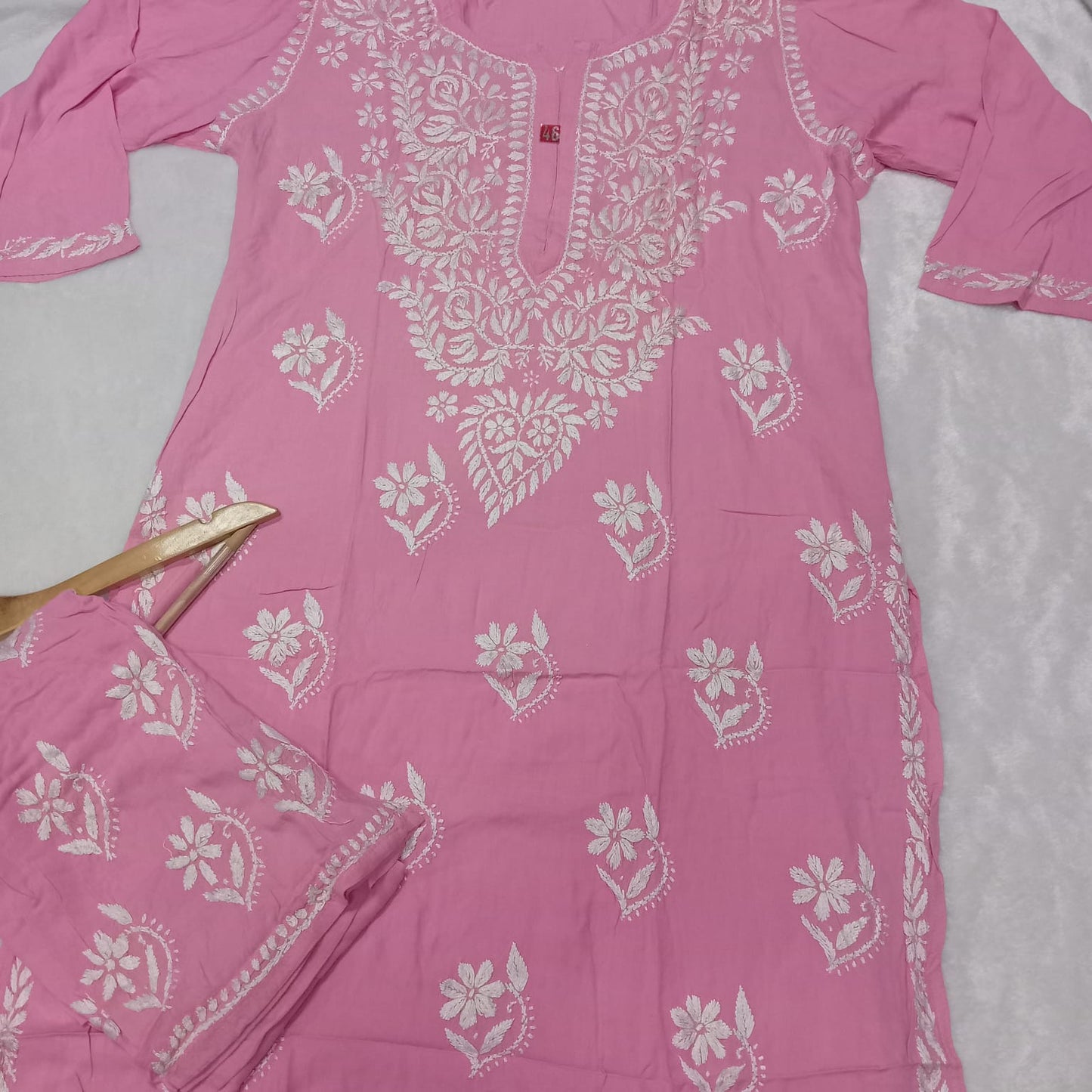 PURE RAYON KURTI PLAZO CHIKANKARI HANDWORK SET - PINK COLOUR