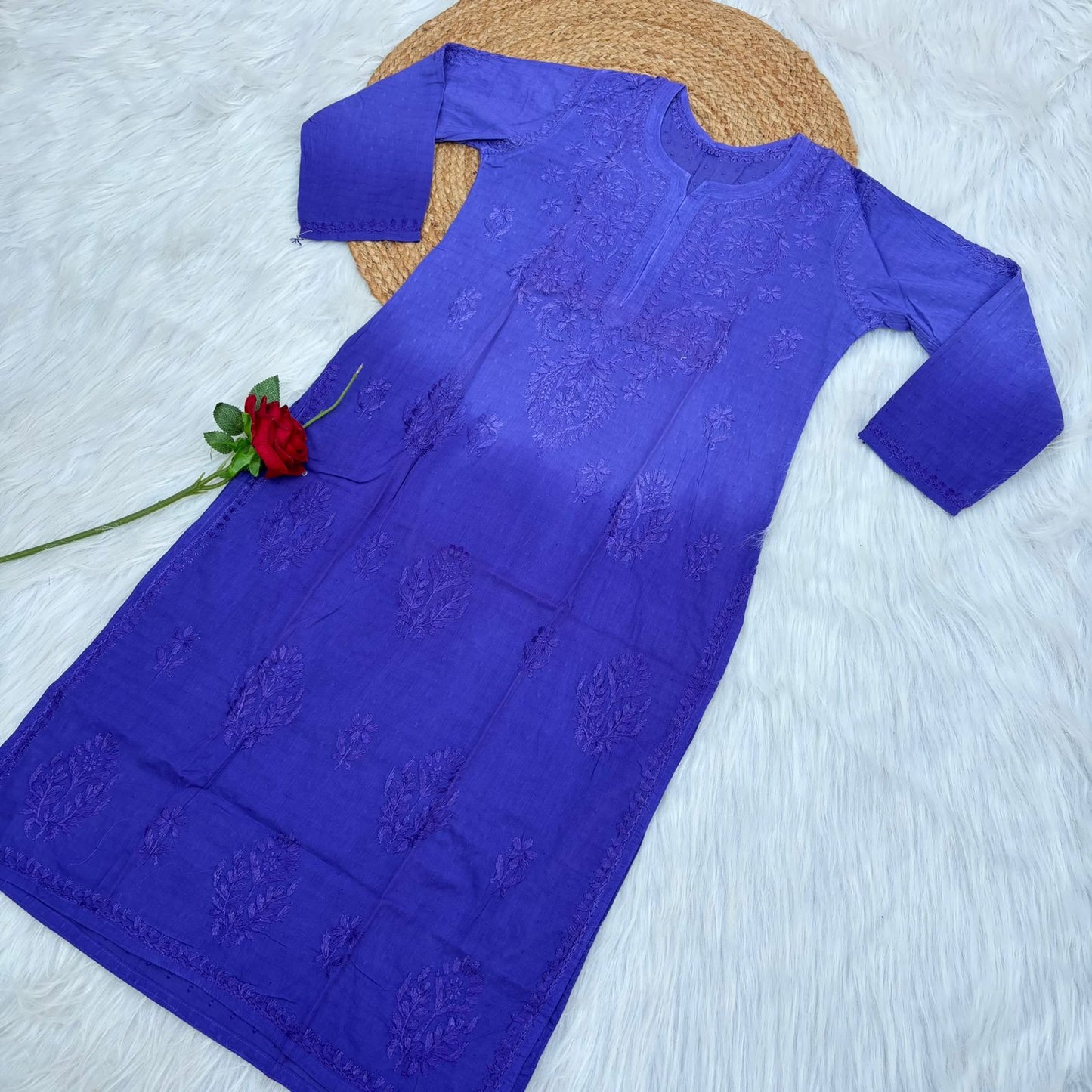 Tuba Ombre Shaded Dobby Cotton Chikankari Kurti - Purple Colour