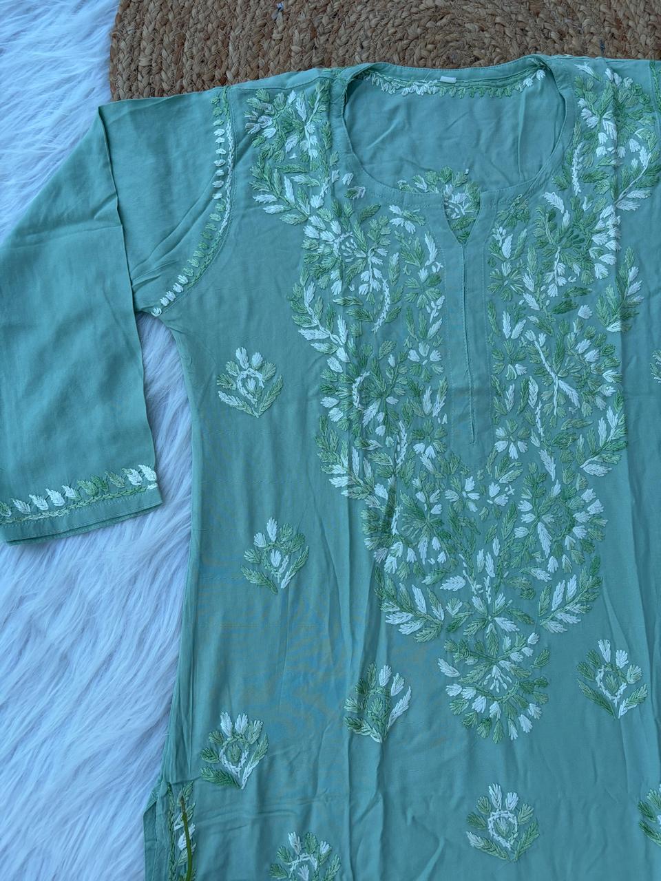 Roohi Rayon Tone To Tone Lucknowi Handwork Chikankari Kurti - Pista Color