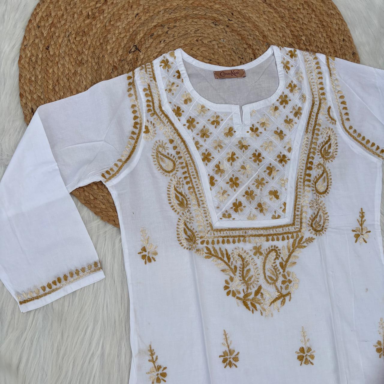 Zoya Cotton Lucknowi Chikankari Kurti - Mustard Color