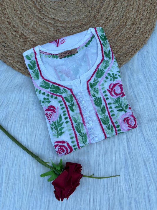 Seema Soft Dobby Cotton Lucknowi Chikankari Handwork Rose Work Kurti -Pink Colour