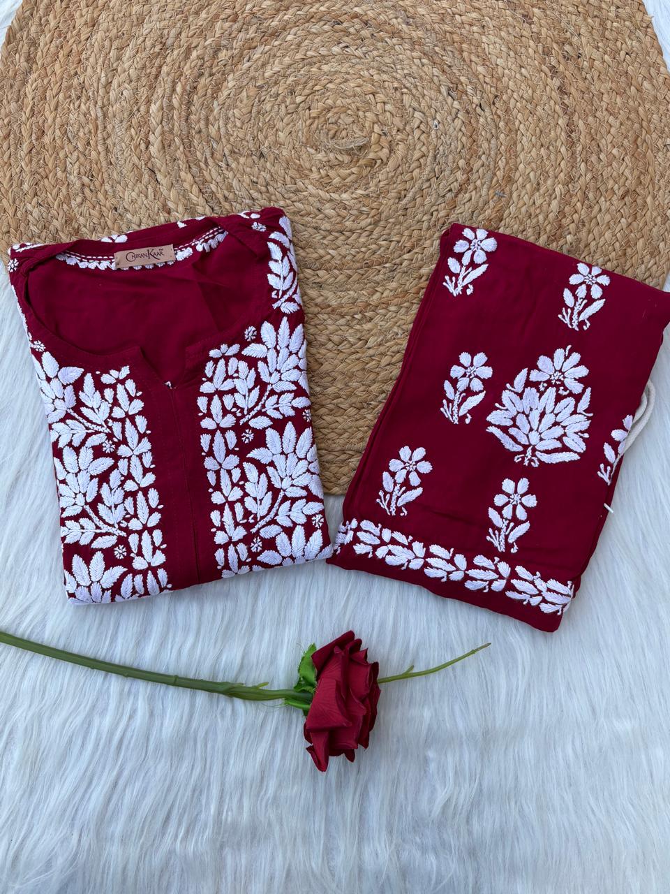 Samara Rayon Handwork Chikankari Kurti Plazo Set - Maroon Colour