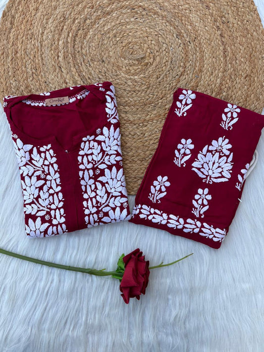 Samara Rayon Handwork Chikankari Kurti Plazo Set - Maroon Colour